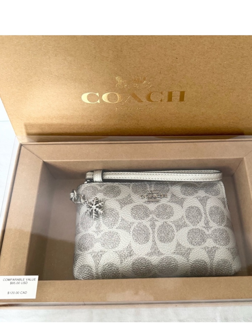Coach Ltd Ed Boxed Silver Signature Wristlet w/ Snowflake Charm